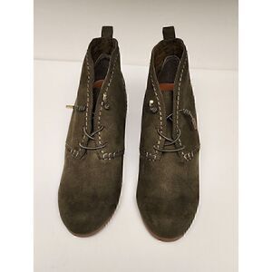 Cloudwalkers Olive Green Ankle Boots Sz 9M Lace Up Wedge Floral Embroidery